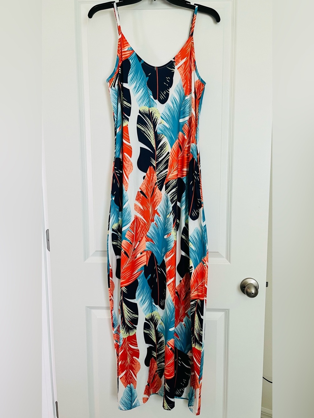 Ours Tropical Feather Maxi Dress - White, Blue, Orange Size S